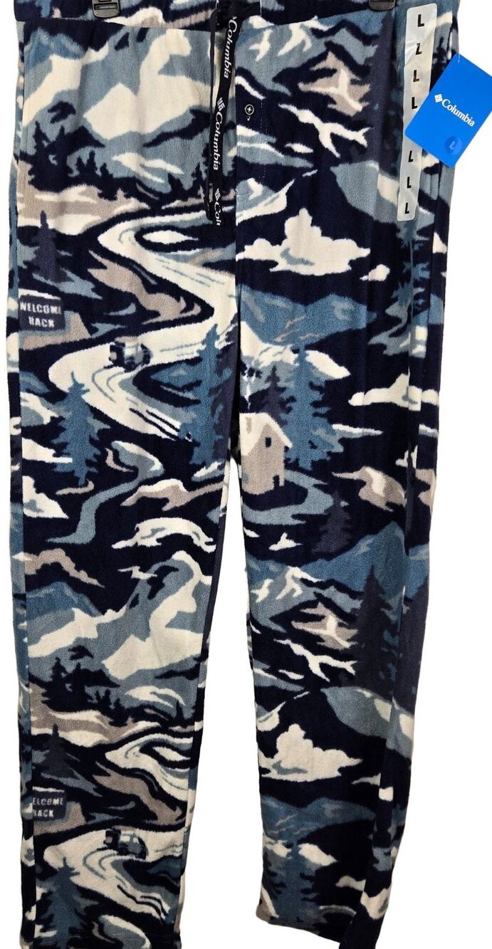Columbia Fleece Pajama Pants L Blue Winter Landscape Drawstring CABIN LODGE CAMO